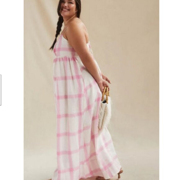 Anthropologie Maeve 1X NWT Pink Plaid Linen Tie-Back Maxi Dress Bohemian 180$ - Picture 4 of 13